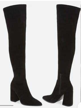 Steve Madden Tava Boots Black Suede Knee High Block Heel 7.5 Narrow Calf